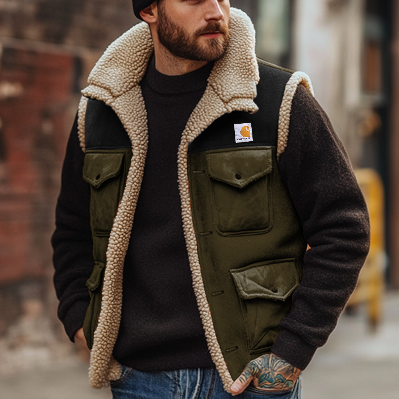 Men's Outdoor Vintage Lamb Wool Splicing Suede Vest Jacket-Unitsen