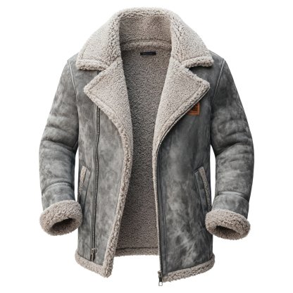 Men's Retro Style Suede Lapel Jacket Lambswool Lined Thickened Top-Unitsen