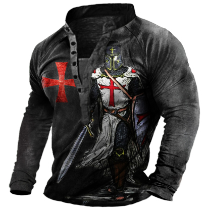 Men's Vintage Templar Cross Long Sleeve Henley T-Shirt-Unitsen
