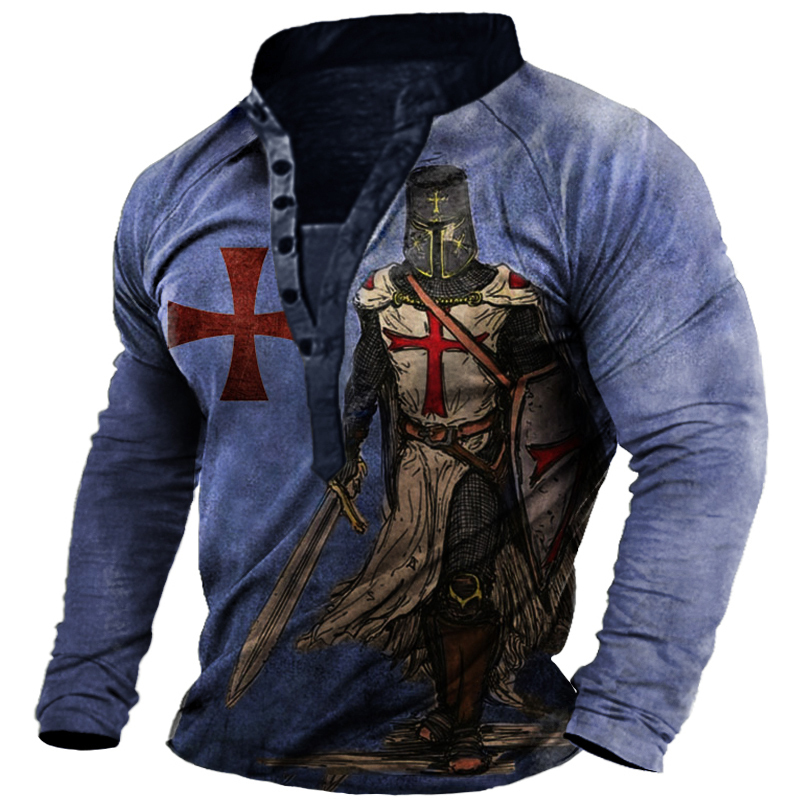 Men's Vintage Templar Cross Long Sleeve Henley T-Shirt-Unitsen