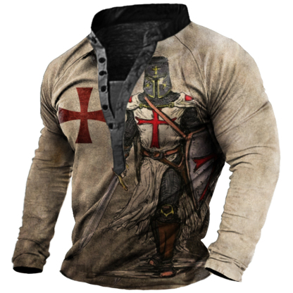 Men's Vintage Templar Cross Long Sleeve Henley T-Shirt-Unitsen