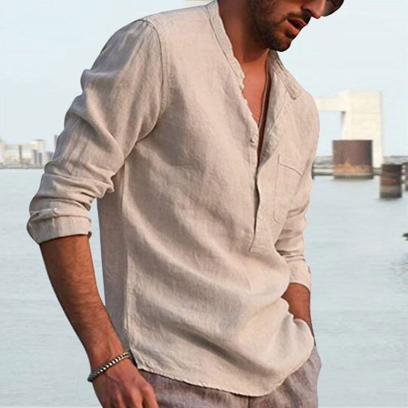 Men's Shirt Linen Shirt Maroon Shirt Solid Color V Neck White Black Gray Wine Army Green Long Sleeve Daily Vacation Tee-Unitsen