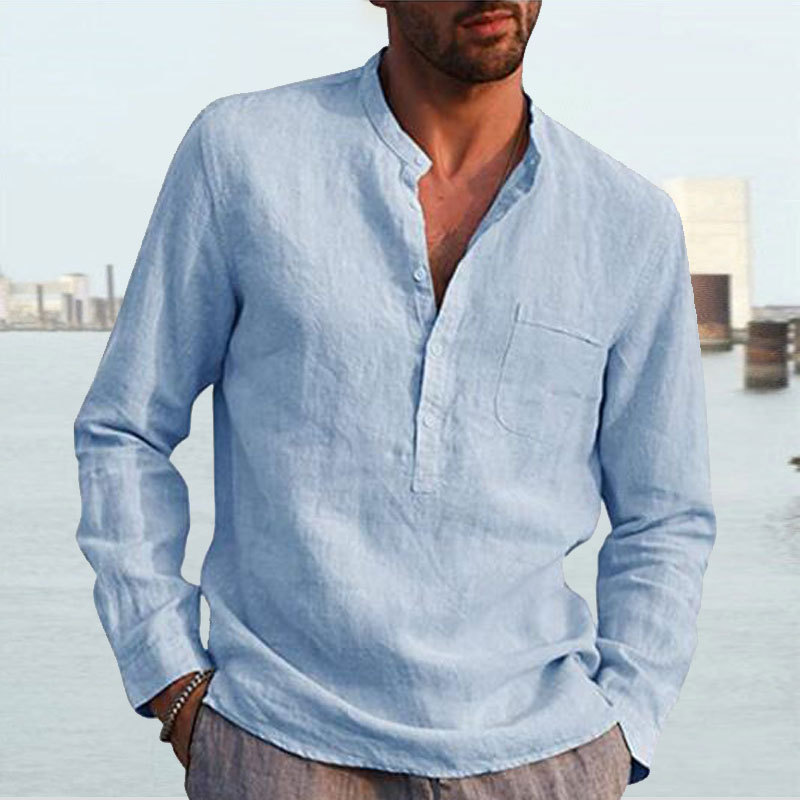 Men's Shirt Linen Shirt Maroon Shirt Solid Color V Neck White Black Gray Wine Army Green Long Sleeve Daily Vacation Tee-Unitsen