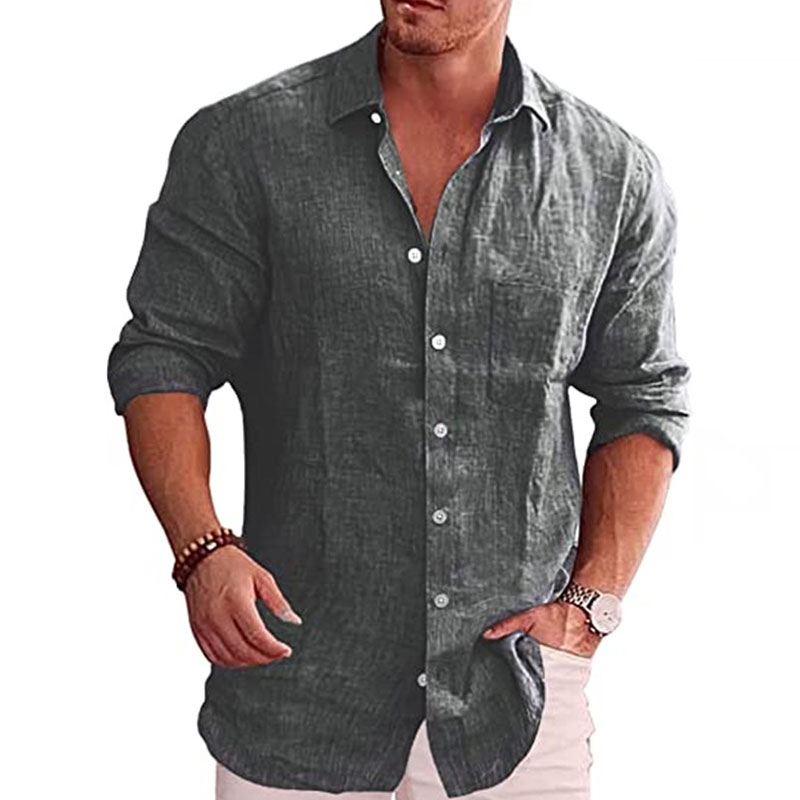 Men's Casual Loose Solid Color Casual Long Sleeve Shirt-Unitsen