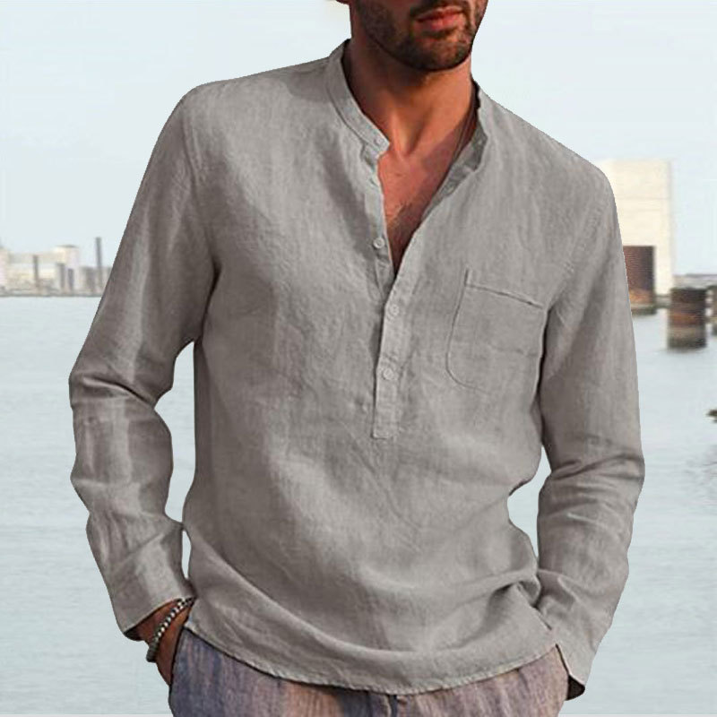 Men's Shirt Linen Shirt Maroon Shirt Solid Color V Neck White Black Gray Wine Army Green Long Sleeve Daily Vacation Tee-Unitsen