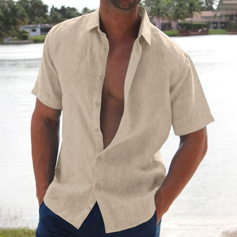 Summer Lapel Solid Color Short Sleeve Men's Linen Blouse-Unitsen