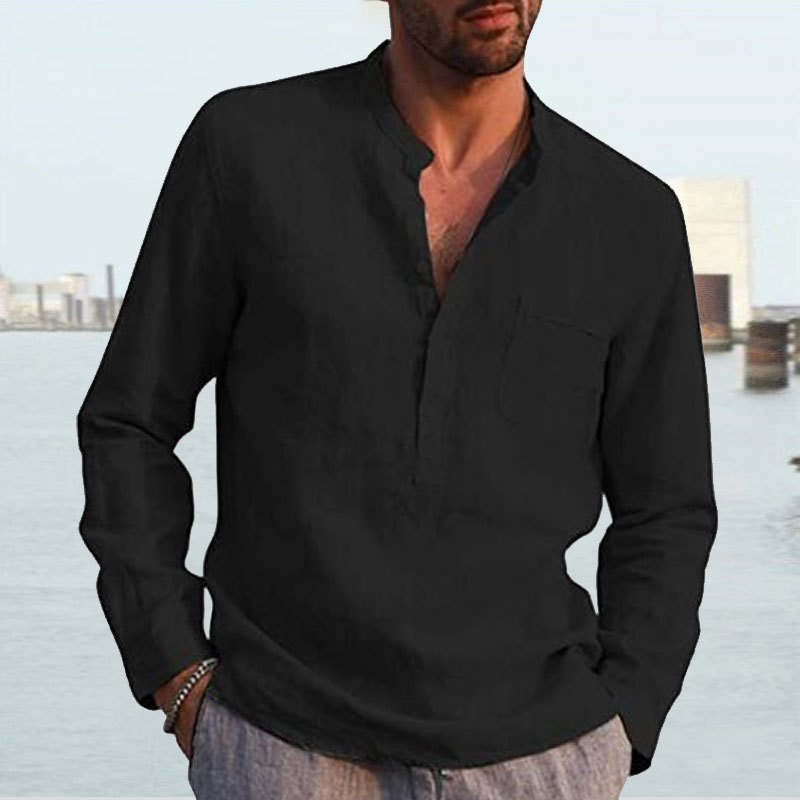 Men's Shirt Linen Shirt Maroon Shirt Solid Color V Neck White Black Gray Wine Army Green Long Sleeve Daily Vacation Tee-Unitsen