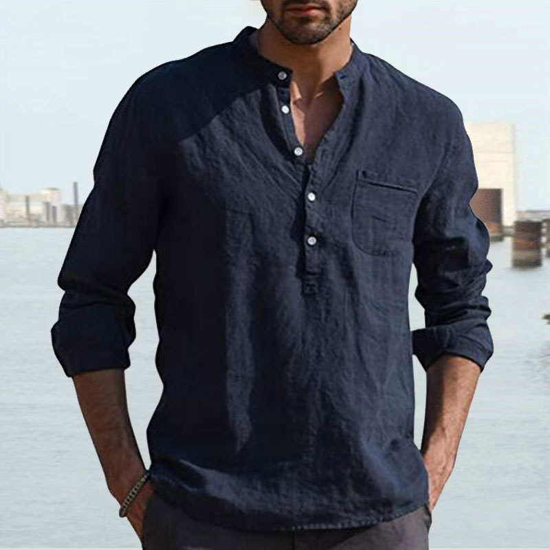 Men's Shirt Linen Shirt Maroon Shirt Solid Color V Neck White Black Gray Wine Army Green Long Sleeve Daily Vacation Tee-Unitsen