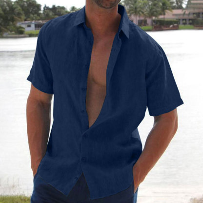 Summer Lapel Solid Color Short Sleeve Men's Linen Blouse-Unitsen