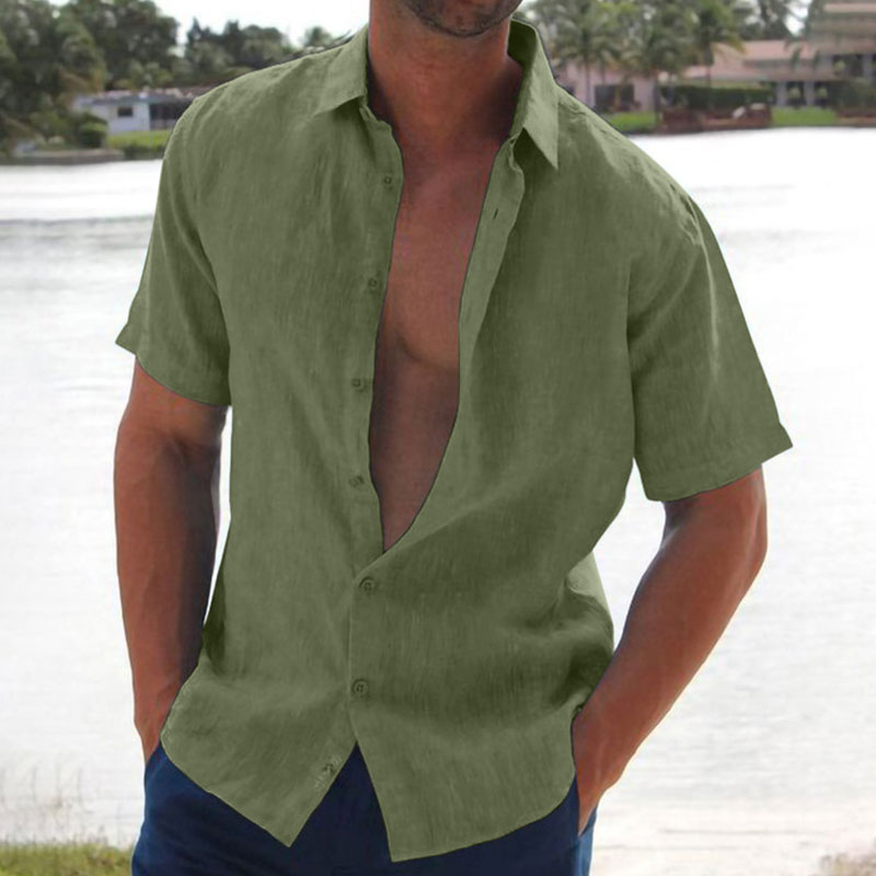 Summer Lapel Solid Color Short Sleeve Men's Linen Blouse-Unitsen