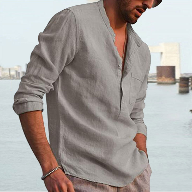 Men's Shirt Linen Shirt Maroon Shirt Solid Color V Neck White Black Gray Wine Army Green Long Sleeve Daily Vacation Tee-Unitsen