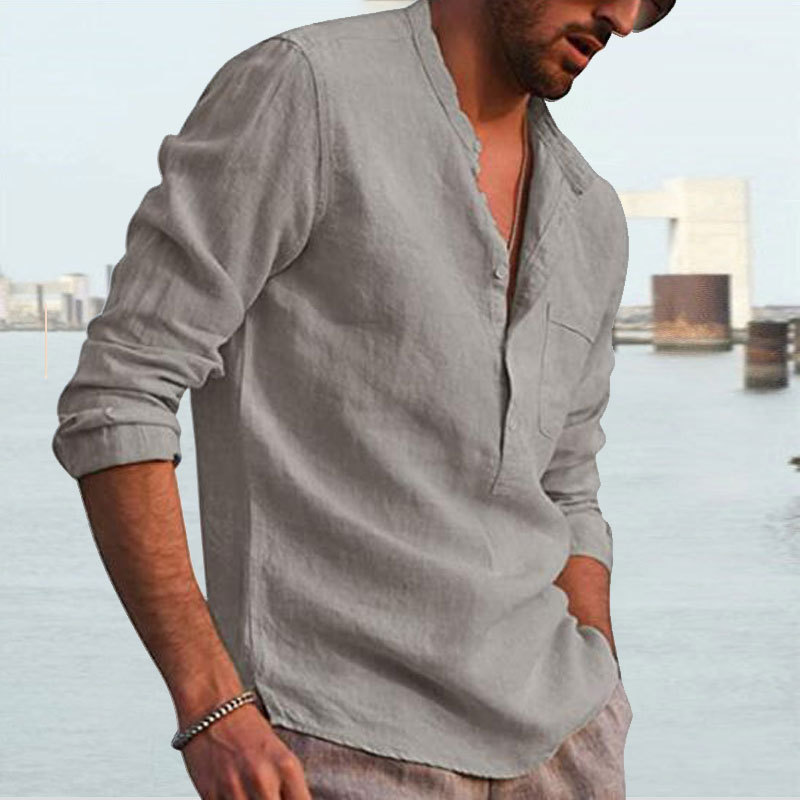 Men's Shirt Linen Shirt Maroon Shirt Solid Color V Neck White Black Gray Wine Army Green Long Sleeve Daily Vacation Tee-Unitsen