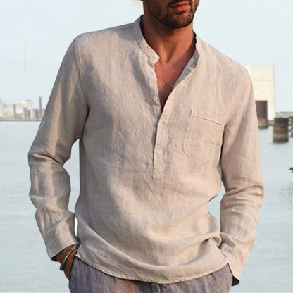 Men's Shirt Linen Shirt Maroon Shirt Solid Color V Neck White Black Gray Wine Army Green Long Sleeve Daily Vacation Tee-Unitsen