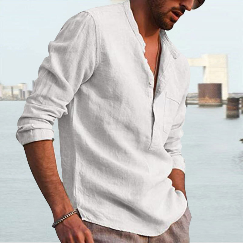 Men's Shirt Linen Shirt Maroon Shirt Solid Color V Neck White Black Gray Wine Army Green Long Sleeve Daily Vacation Tee-Unitsen