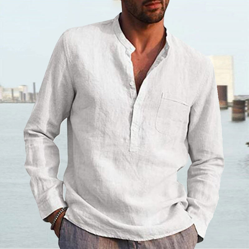 Men's Shirt Linen Shirt Maroon Shirt Solid Color V Neck White Black Gray Wine Army Green Long Sleeve Daily Vacation Tee-Unitsen