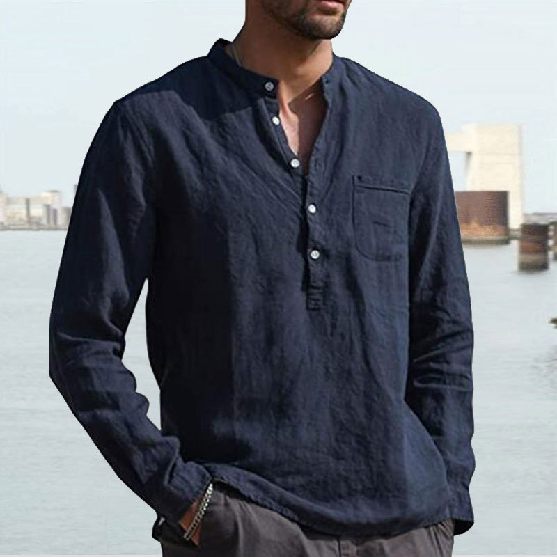 Men's Shirt Linen Shirt Maroon Shirt Solid Color V Neck White Black Gray Wine Army Green Long Sleeve Daily Vacation Tee-Unitsen