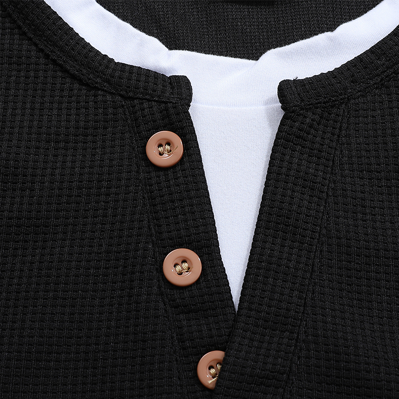 Men's Casual Waffle Country Western Patchwork Neck Long Sleeves Henley T Shirt With Chest Pocket-Unitsen