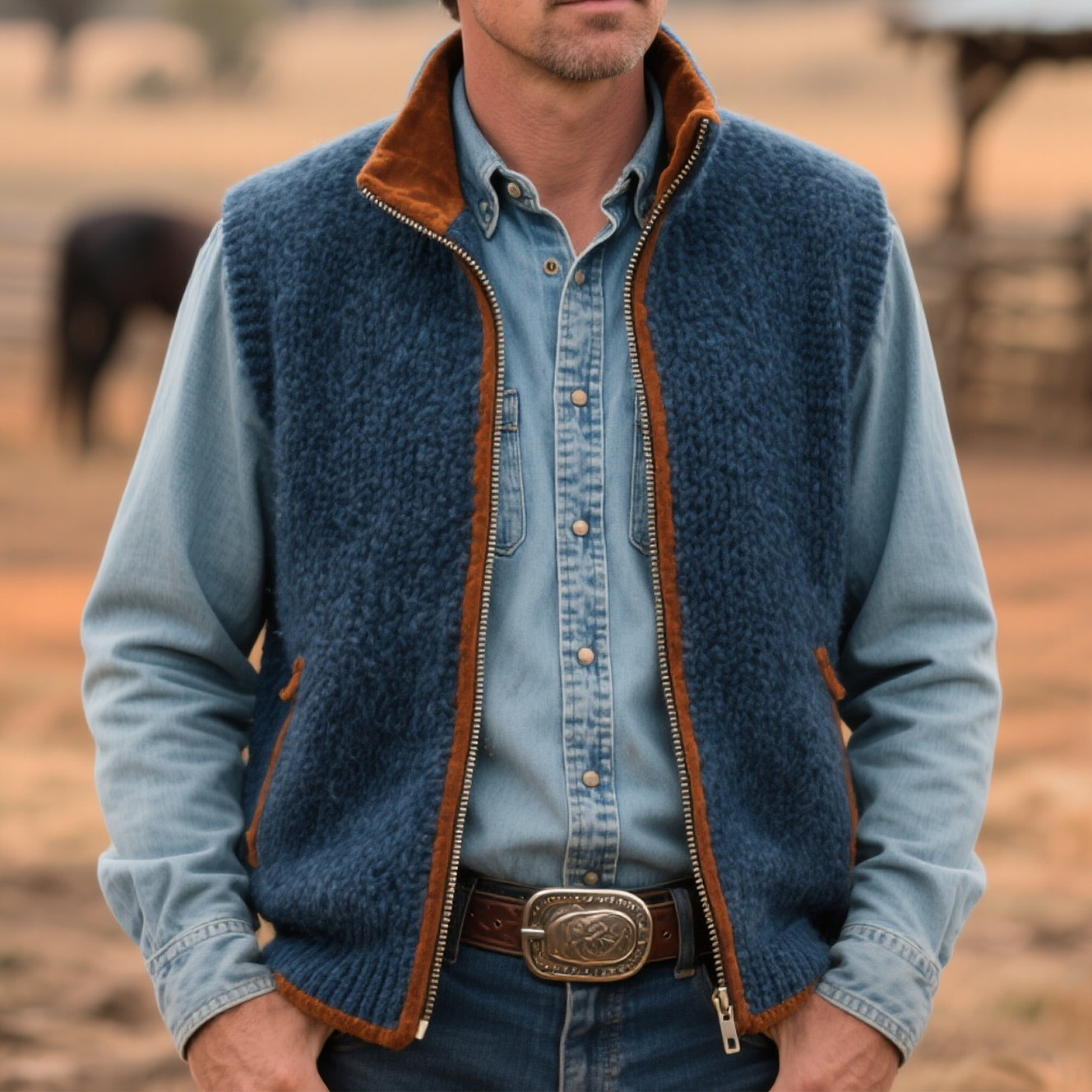Men's Vintage Rustic Blue Sweater Vest A Classic Western Style-Unitsen