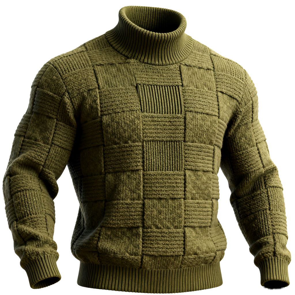 Men's Olive Green Cable Knit Basketweave Turtleneck Sweater-Unitsen