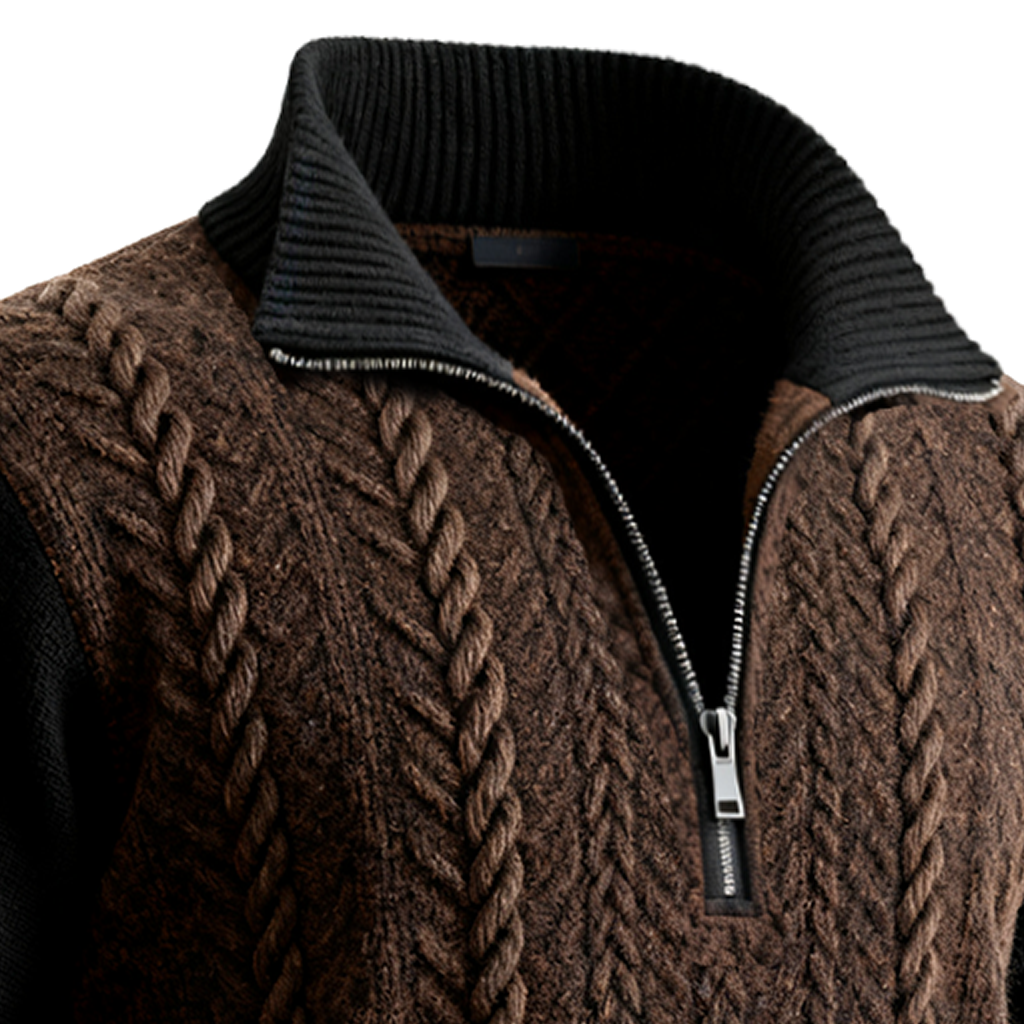 Men's Zipper Closure Cable Knit Sweater With Black Sleeves-Unitsen