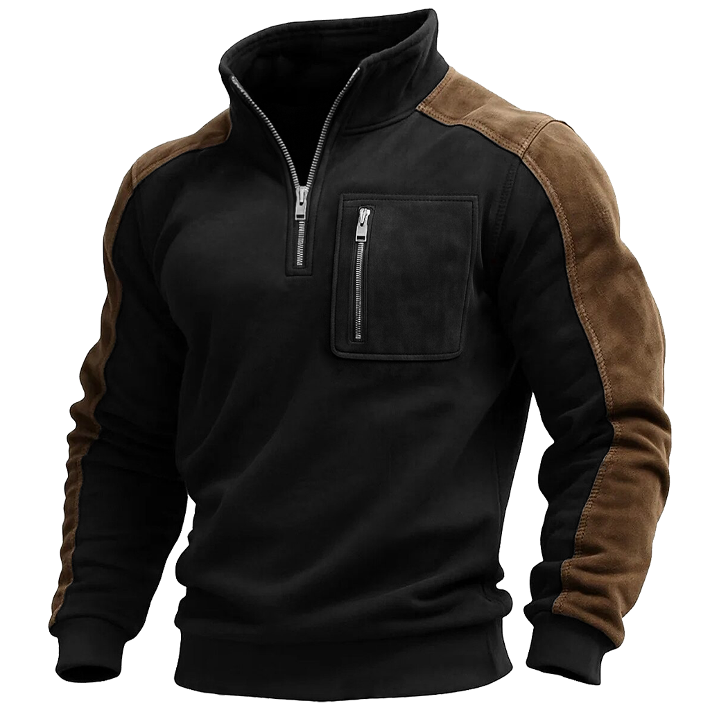 Men's Vintage Suede Black And Brown Contrast Half-Zip Sweatshirt With Zipper Pocket