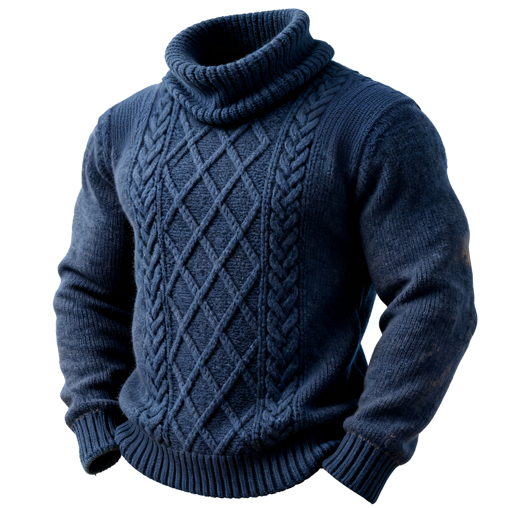Men's Classic Navy Blue Cable Knit Turtleneck Sweater-Unitsen