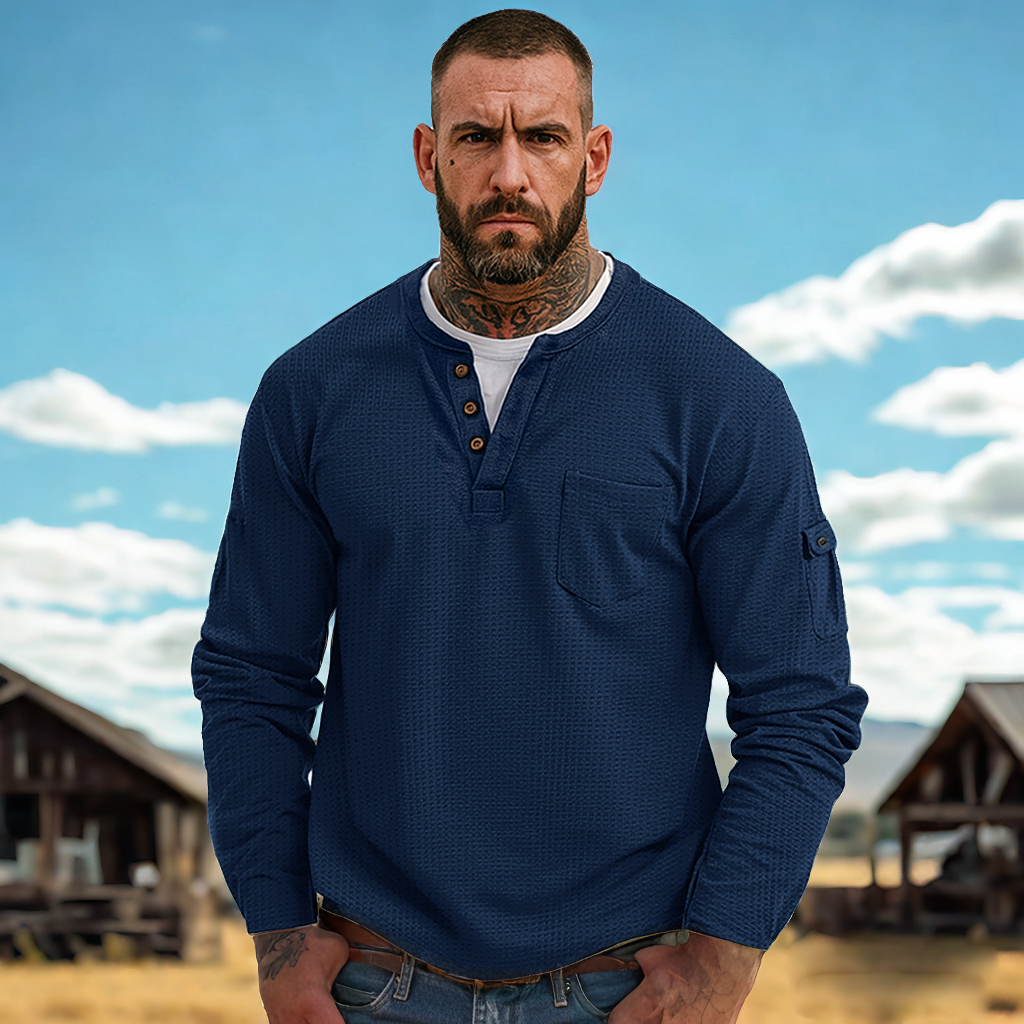 Men's Casual Waffle Country Western Patchwork Neck Long Sleeves Henley T Shirt With Chest Pocket-Unitsen