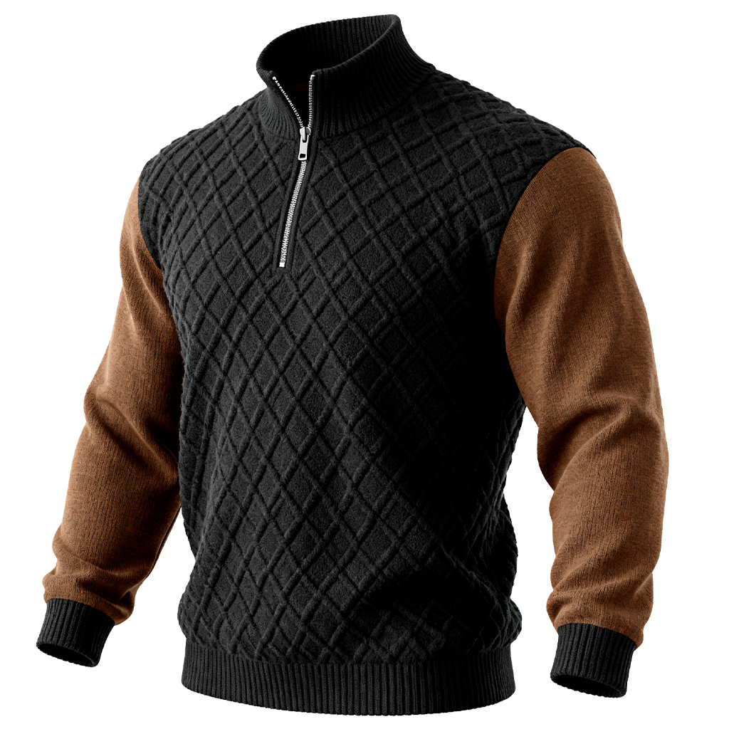 Men's Vintage Black Argyle Diamond Pattern Quilted Sweater With Brown Sleeves-Unitsen