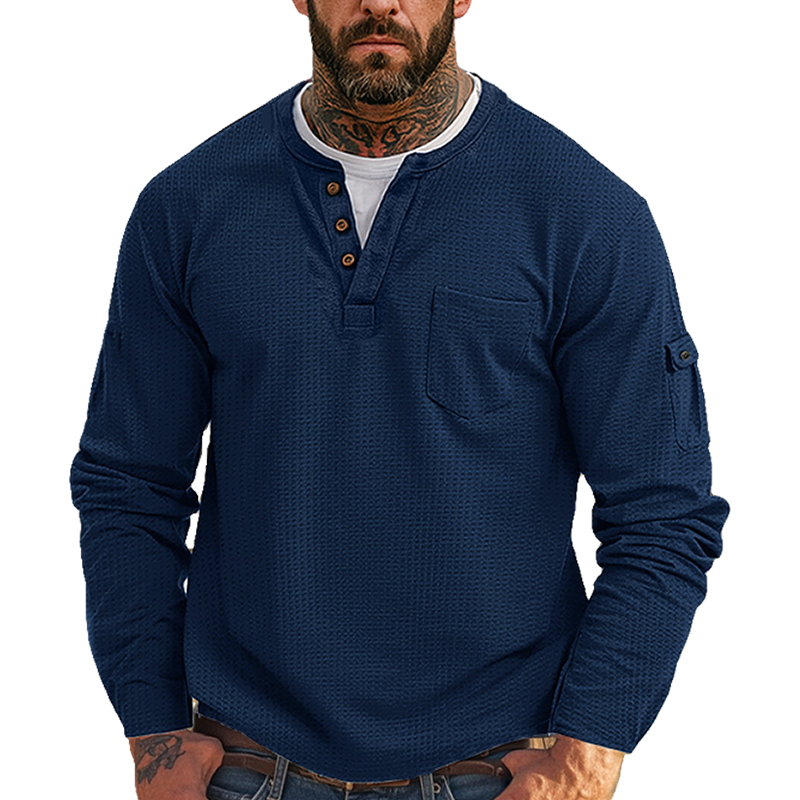 Men's Casual Waffle Country Western Patchwork Neck Long Sleeves Henley T Shirt With Chest Pocket-Unitsen