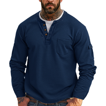 Men's Casual Waffle Country Western Patchwork Neck Long Sleeves Henley T Shirt With Chest Pocket-Unitsen