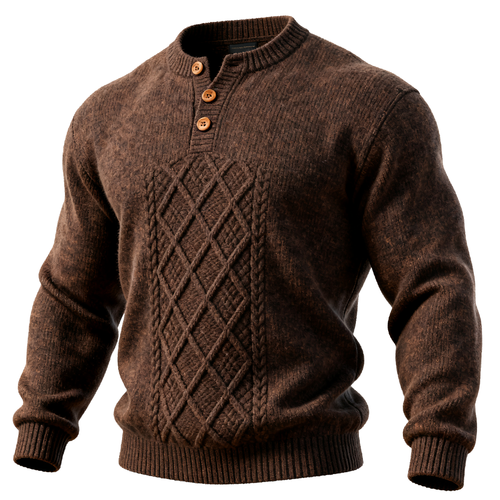 Men's Brown Argyle Diamond Pattern Cable Knit Sweater With Button Placket-Unitsen
