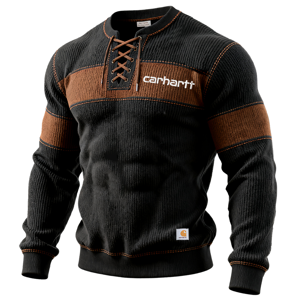 Men's Vintage Corduroy Henley Lace-up Embroidered Logo Sweatshirt With Contrast Stripes-Unitsen