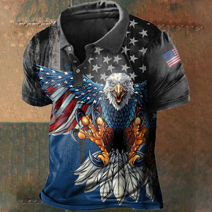 Vintage American Flag Liberty Eagle Print Men's Polo Short Sleeve T-Shirt-Unitsen