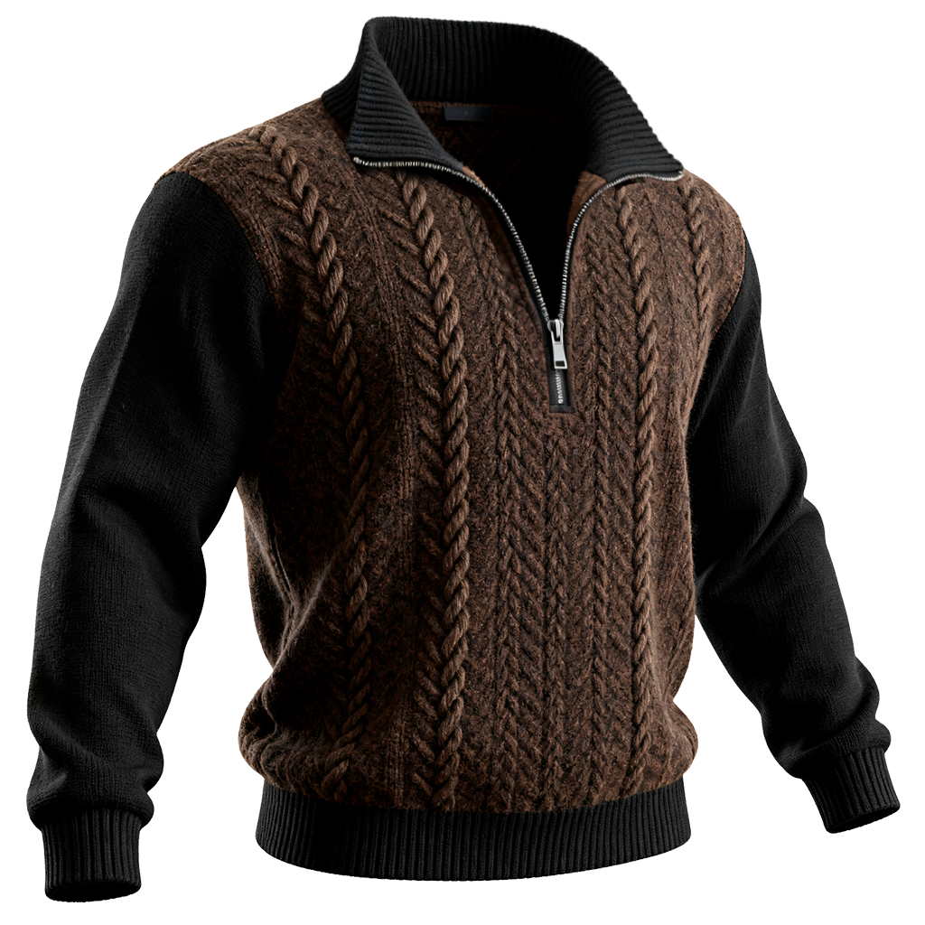 Men's Zipper Closure Cable Knit Sweater With Black Sleeves-Unitsen