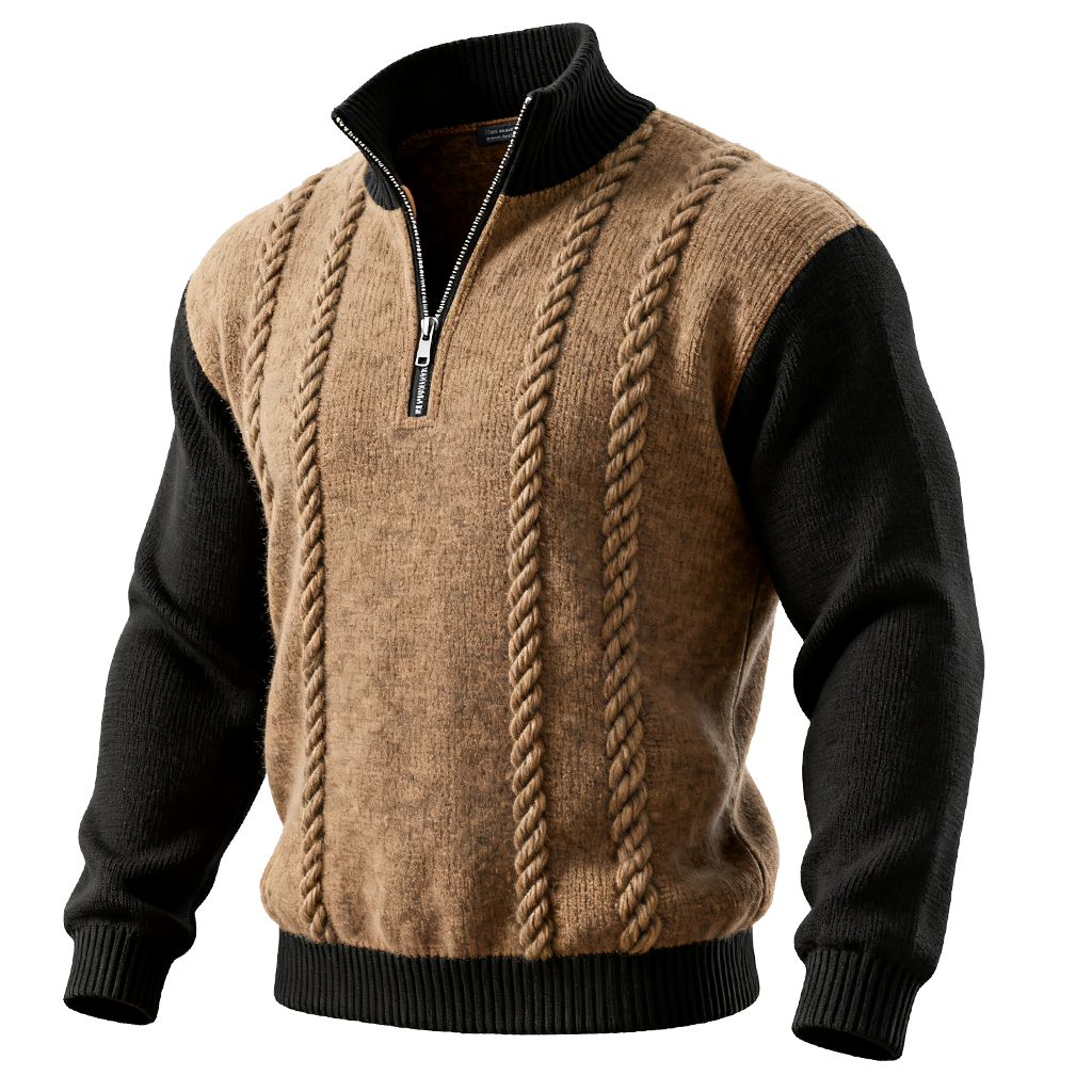 Men's Brown And Black Colorblock Cable Knit Half-Zip Sweater-Unitsen