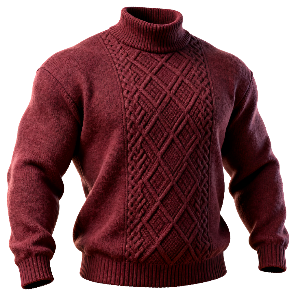 Men's Western Cable Knit Turtleneck Sweater Burgundy-Unitsen