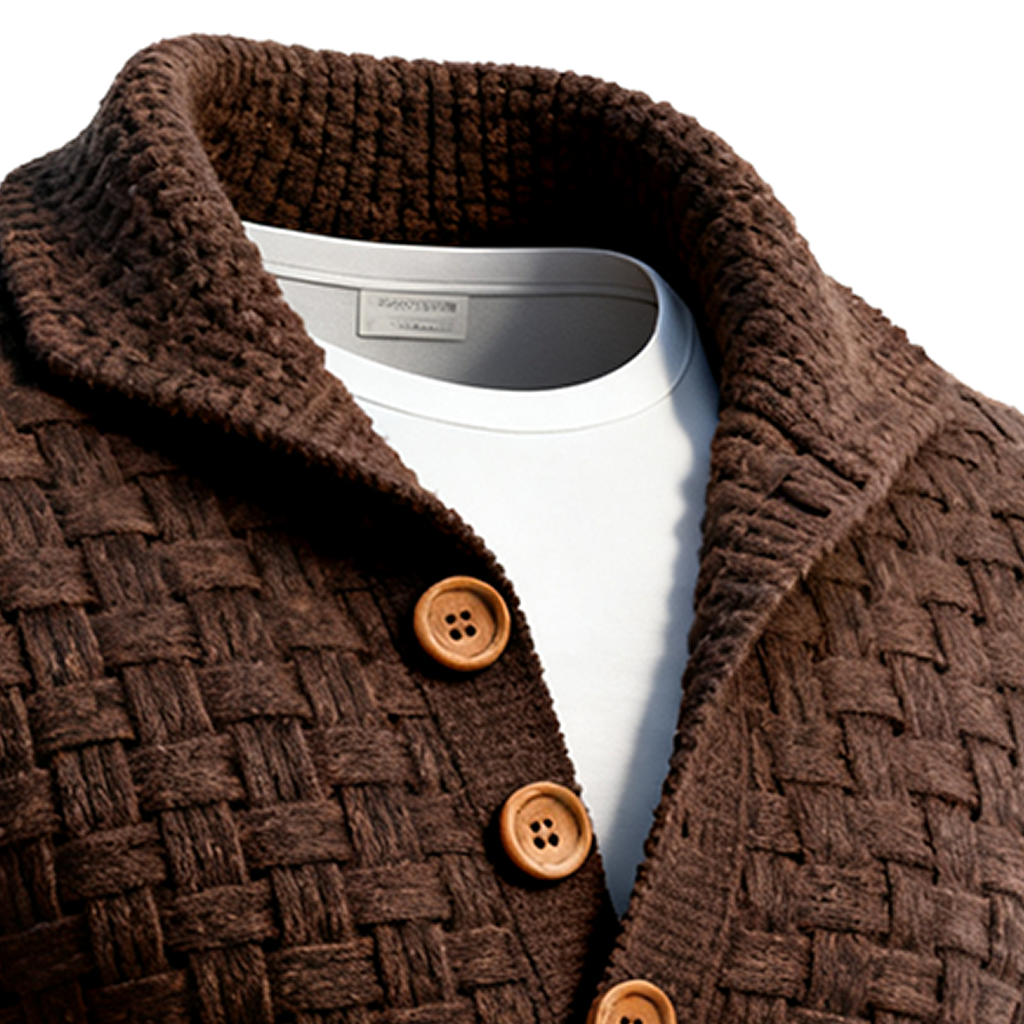 Men's Brown Woven Knit Basketweave Sweater With Wooden Buttons-Unitsen