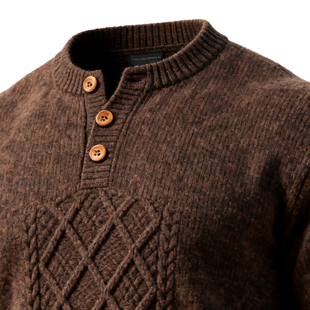 Men's Brown Argyle Diamond Pattern Cable Knit Sweater With Button Placket-Unitsen