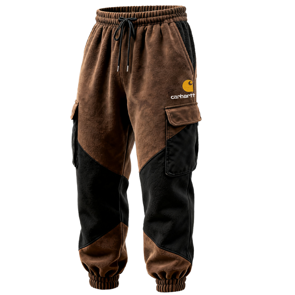 Men's Vintage Terry Brown And Black Cargo Jogger Pants-Unitsen