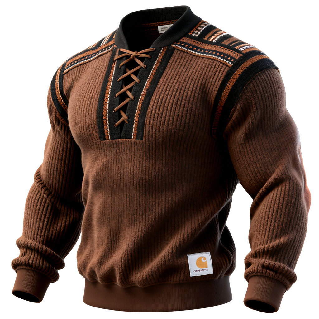 Men's Ethnic Webbing Colorblock Lace-Up Corduroy Sweatshirt-Unitsen