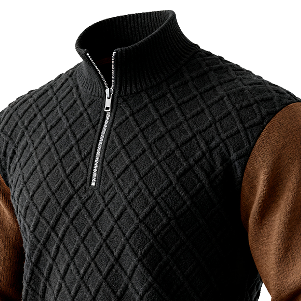 Men's Vintage Black Argyle Diamond Pattern Quilted Sweater With Brown Sleeves-Unitsen