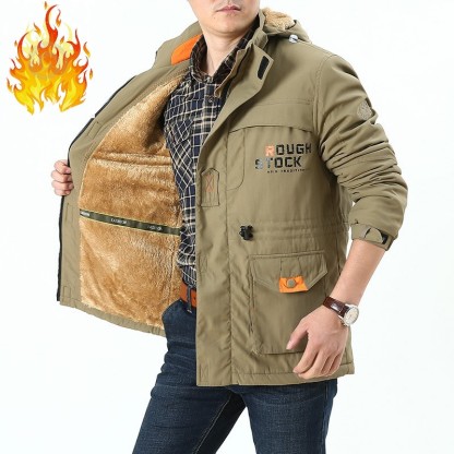 Men's Mid-length Plus Fleece Waterproof And Oil-proof Outdoor Hooded Jacket-Unitsen