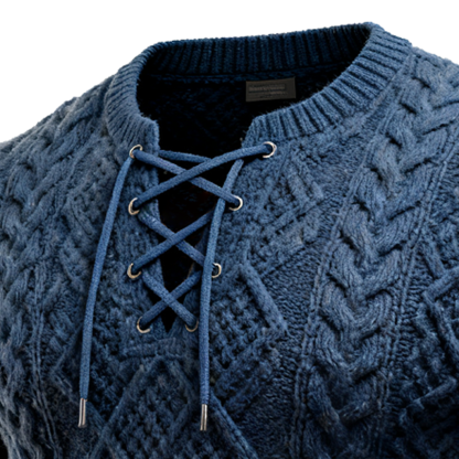 Men's Western Thick Cable Knit Sweater With Lace-Up Front Navy Blue-Unitsen
