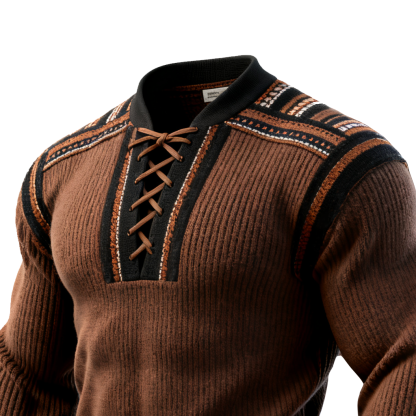 Men's Ethnic Webbing Colorblock Lace-Up Corduroy Sweatshirt-Unitsen