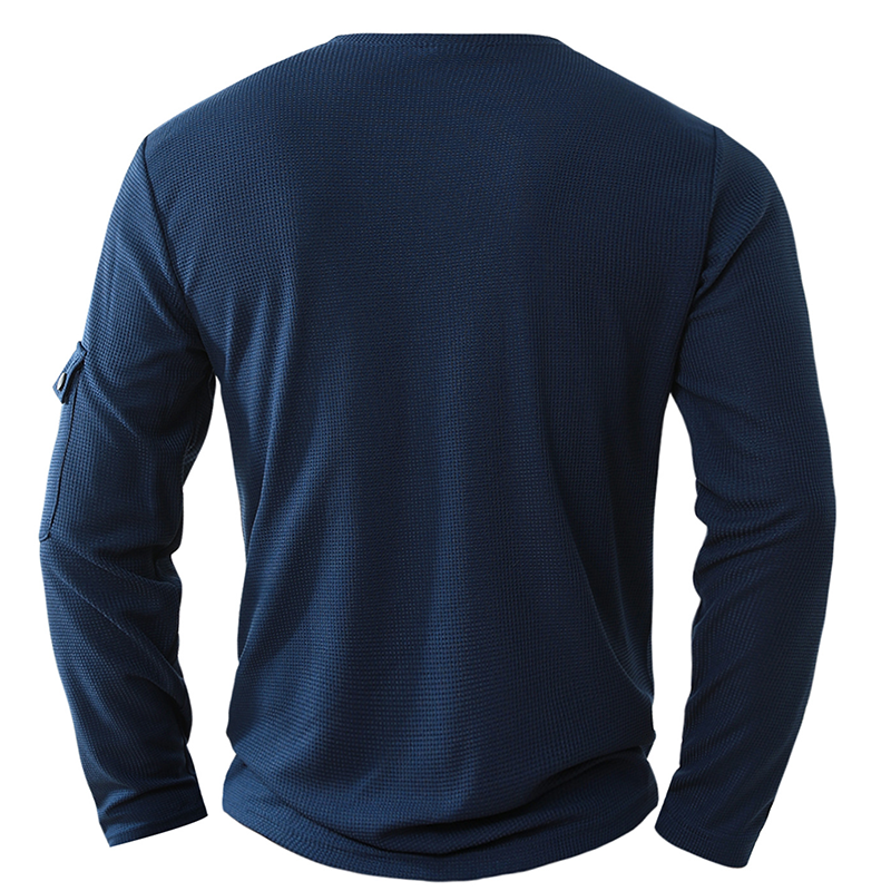 Men's Casual Waffle Country Western Patchwork Neck Long Sleeves Henley T Shirt With Chest Pocket-Unitsen