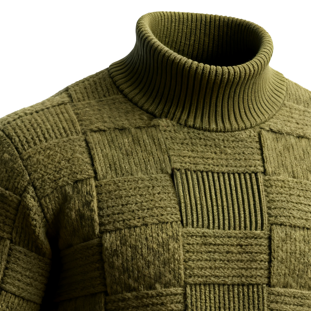 Men's Olive Green Cable Knit Basketweave Turtleneck Sweater-Unitsen