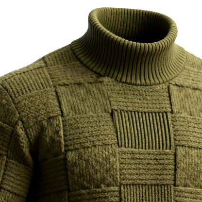 Men's Olive Green Cable Knit Basketweave Turtleneck Sweater-Unitsen