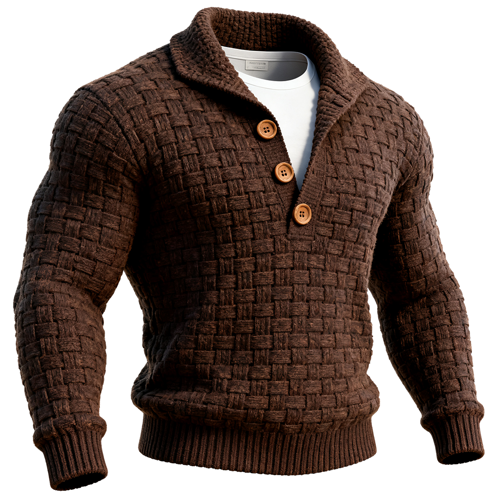 Men's Brown Woven Knit Basketweave Sweater With Wooden Buttons-Unitsen