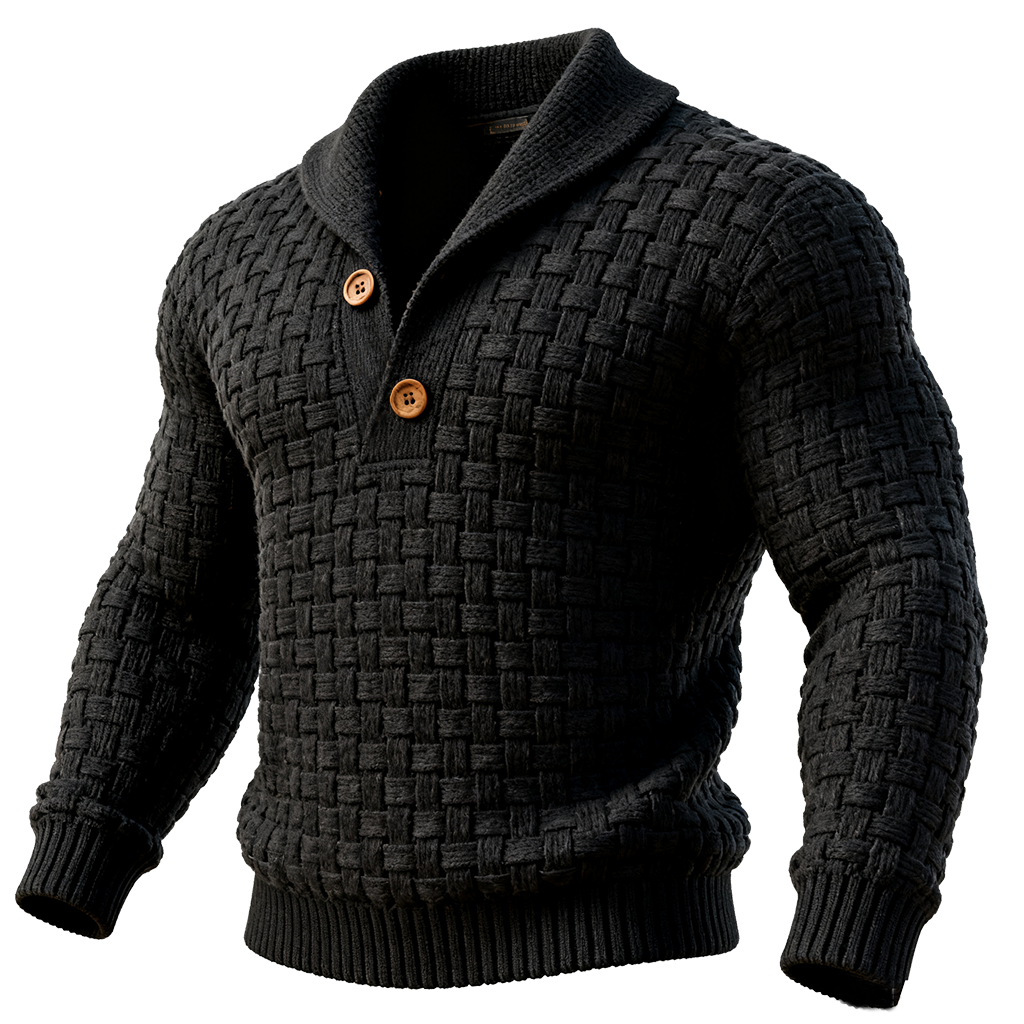 Men's Classic Basketweave Knitted Sweater With Button Closure Black-Unitsen