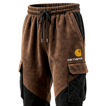 Men's Vintage Terry Brown And Black Cargo Jogger Pants-Unitsen